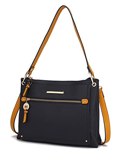 MKF Crossbody Bag for Women – PU Leather Pocketbook Handbag – Designer Side Messenger Purse, Shoulder Crossover Aliyah Navy-Mustard