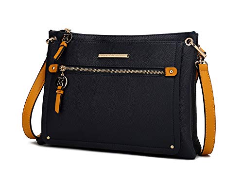 MKF Crossbody Bag for Women – PU Leather Pocketbook Handbag – Designer Side Messenger Purse, Shoulder Crossover Aliyah Navy-Mustard