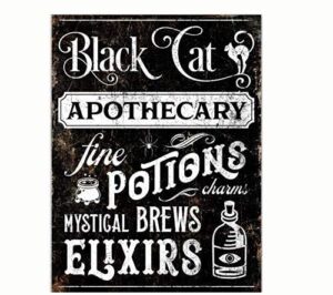 gedsing black cat apothecary fine potions & elixirs holiday metal tin wall art rustic fall sign creepy gothic halloween xmas home bar decor 8x12 inch, 8 x 12 inch