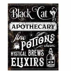 GEDSING Black Cat Apothecary Fine Potions & Elixirs Holiday Metal Tin Wall Art Rustic Fall Sign Creepy Gothic Halloween Xmas Home Bar Decor 8x12 Inch, 8 x 12 Inch