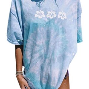 Remidoo Women's Casual Crewneck Short Sleeve Flowers Print Tie Dye Oversized Graphic Top T-Shirt Three Flowers Large