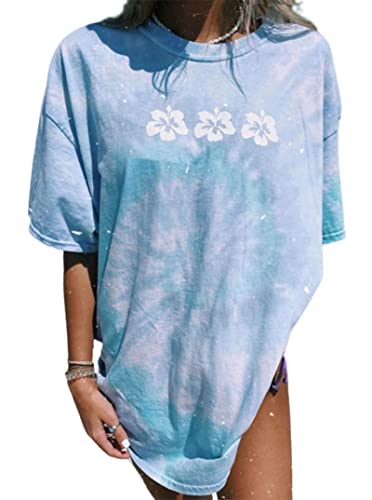 Remidoo Women's Casual Crewneck Short Sleeve Flowers Print Tie Dye Oversized Graphic Top T-Shirt Three Flowers Large