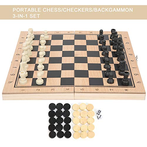 3 in 1 Wooden Chess/Checkers/Backgammon Set, Professional Portable Wooden Chess Set with Folding Chess Board Exquisite Interactive Wooden Chess Board Game for Adults Kids(S)