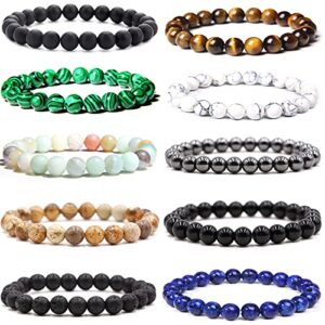 JEWPARK 10PCS 8mm Semi-Precious Gemstone Bracelet Set Healing Crystal Stone Stretch Bracelets for Men Women Round Beaded Elastic Bracelets