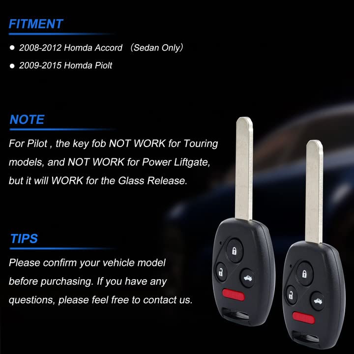 2 Replacement Keyless Entry Remote: Pilida Car Key Fob Clicker Alarm Fit for Honda Accord 08-12| 09-15 Pilot KR55WK49308-4 Button Only for 4 Doors Vehicle