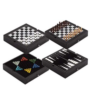 gse 12.5" premium leather 4-in-1 chess, checkers, backgammon and chinese checkers board game combo set. board strategy game for kids & adults