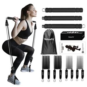 pilates bar kit with resistance bands, weluvfit exercise fitness equipment for women & men, home gym workouts stainless steel stick squat yoga pilates flexbands kit for full body shaping