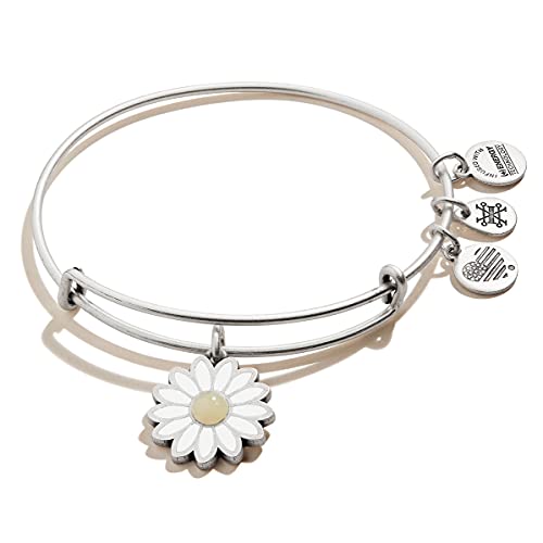 Alex and Ani Expandable Bangle for Women, Daisy Charm, Pineapple Jasper Gemstone, Rafaelian Silver Finish, 2 to 3.5 in