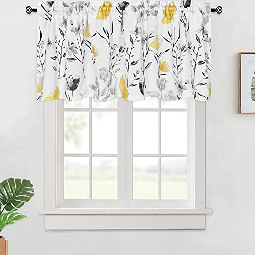 VERTKREA Valance Curtain, Yellow Flower Watercolor Valance for Window, Yellow Gray Floral Kitchen Curtains, Yellow White Rod Pocket Window Treatment Valance for Bathroom Basement, 52 x 18 Inches