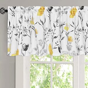 VERTKREA Valance Curtain, Yellow Flower Watercolor Valance for Window, Yellow Gray Floral Kitchen Curtains, Yellow White Rod Pocket Window Treatment Valance for Bathroom Basement, 52 x 18 Inches