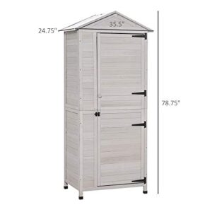 Outsunny 36" x 25" x 79" Wooden Storage Shed Cabinet, Outdoor Tool Shed Organizer with 4-Tier, 3 Shelves with Handle Tin Roof Magnetic Latch Foot Pad, Light Grey