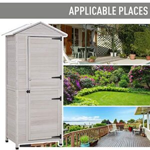 Outsunny 36" x 25" x 79" Wooden Storage Shed Cabinet, Outdoor Tool Shed Organizer with 4-Tier, 3 Shelves with Handle Tin Roof Magnetic Latch Foot Pad, Light Grey