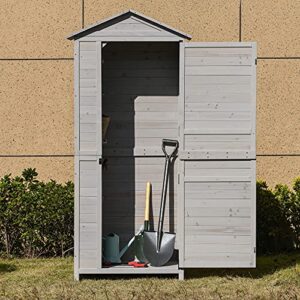 Outsunny 36" x 25" x 79" Wooden Storage Shed Cabinet, Outdoor Tool Shed Organizer with 4-Tier, 3 Shelves with Handle Tin Roof Magnetic Latch Foot Pad, Light Grey