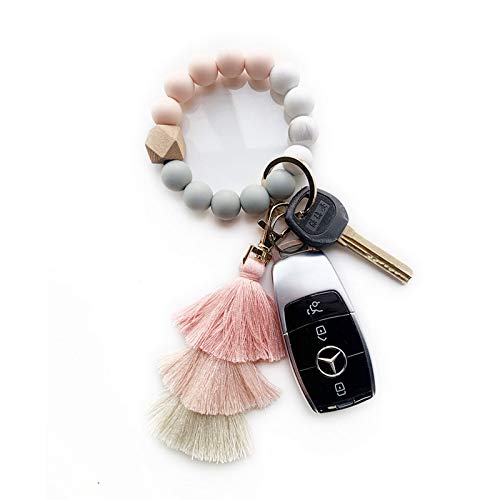 Bisanzoya Silicone Key Ring Bracelet, Car Keychain Beaded Wristlet Tassel for Women