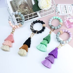 Bisanzoya Silicone Key Ring Bracelet, Car Keychain Beaded Wristlet Tassel for Women