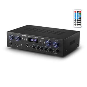 donner bluetooth 5.0 stereo audio amplifier receiver, 4 channel, 440w peak power home theater stereo receiver usb, sd,fm, 2 mic in echo, rca, led, speaker selector for studio, home-mamp5