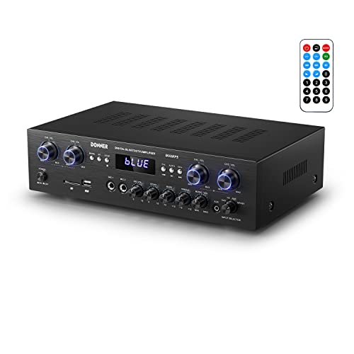 Donner Bluetooth 5.0 Stereo Audio Amplifier Receiver, 4 channel, 440W Peak Power Home Theater Stereo Receiver USB, SD,FM, 2 Mic IN Echo, RCA, LED, Speaker Selector For Studio, Home-MAMP5