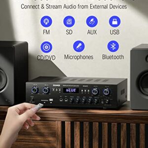 Donner Bluetooth 5.0 Stereo Audio Amplifier Receiver, 4 channel, 440W Peak Power Home Theater Stereo Receiver USB, SD,FM, 2 Mic IN Echo, RCA, LED, Speaker Selector For Studio, Home-MAMP5