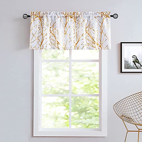 FMFUNCTEX Valance Curtains for Living-Room Window White Gold Metallic Tree Branch Blackout Window Valances 50" W x 18" Long 1 pc Rod Pocket