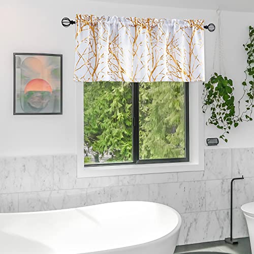 FMFUNCTEX Valance Curtains for Living-Room Window White Gold Metallic Tree Branch Blackout Window Valances 50" W x 18" Long 1 pc Rod Pocket