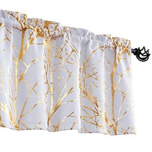 FMFUNCTEX Valance Curtains for Living-Room Window White Gold Metallic Tree Branch Blackout Window Valances 50" W x 18" Long 1 pc Rod Pocket