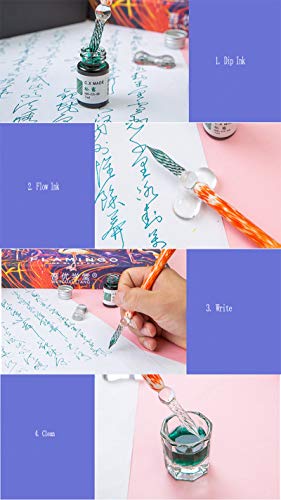 XIAOYU 8 Pcs Handmade Glass Dip Pen Calligraphy Pens Set High Borosilicate Glass Signature Pen with Ink(15ML) - Pink