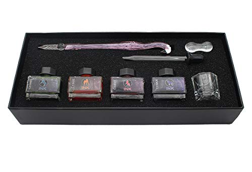 XIAOYU 8 Pcs Handmade Glass Dip Pen Calligraphy Pens Set High Borosilicate Glass Signature Pen with Ink(15ML) - Pink