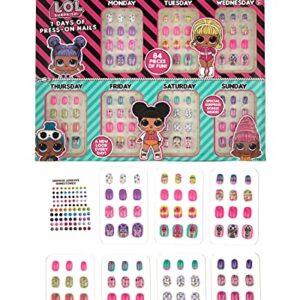 L.O.L. Surprise! 7 Day Assorted Colors Press On Nails Set, Nail Accessories for Kids and Teens