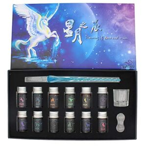 xiaoyu luminous glass dip pen ink set - crystal glass dip pen with 12 colorful inks for art, writing, signatures, calligraphy - ice blue