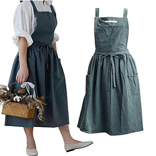 SF-ZXTINP Cotton and linen Kitchen Cooking Aprons Dress for Women with Pockets Cute for Baking Painting Gardening Cleaning