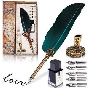 feather quill pen and ink set - calligraphy pen dip set with inkwell and stand - quill pen set with 5 stainless steel nibs for writing paper, letter drawing pen - feather pen birthday gift for adults