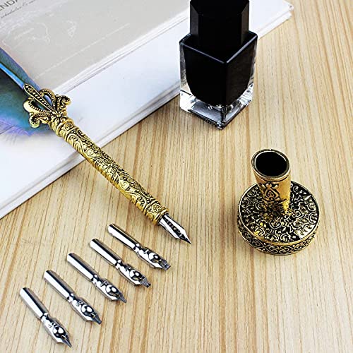 Feather Quill Pen and Ink Set - Calligraphy Pen Dip Set with Inkwell And Stand - Quill Pen Set with 5 Stainless Steel Nibs for Writing Paper, Letter Drawing Pen - Feather Pen Birthday Gift for Adults