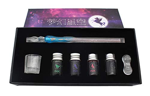 XIAOYU 7 Pieces Glass Dip Pen Set Handmade Starry Sky Calligraphy Pen and 4 Bottle Inks - Lake Blue