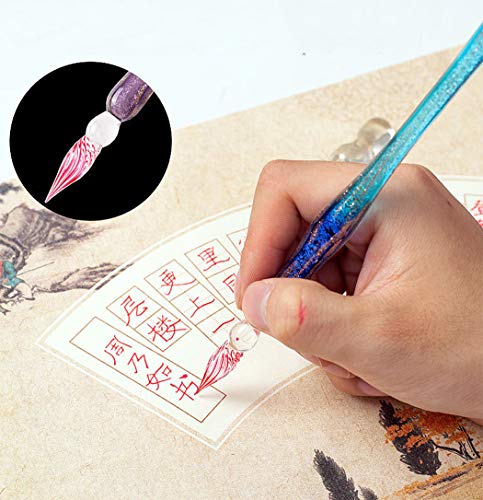 XIAOYU 7 Pieces Glass Dip Pen Set Handmade Starry Sky Calligraphy Pen and 4 Bottle Inks - Lake Blue