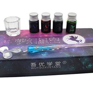 XIAOYU 7 Pieces Glass Dip Pen Set Handmade Starry Sky Calligraphy Pen and 4 Bottle Inks - Lake Blue