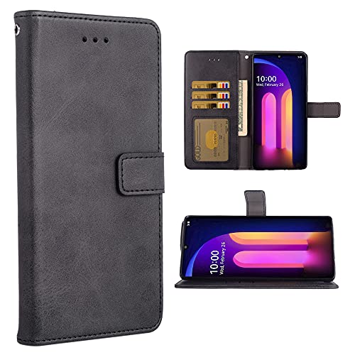 Asuwish Compatible with LG V60 ThinQ V60ThinQ 5G G9 Thin Q Wallet Case Wrist Strap Lanyard Leather Flip Cover Card Holder Stand Cell Accessories Phone Cases for LGV60 V 60 60ThinQ 60V Men Black