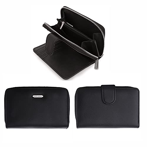 DAVIDJONES Women Black Small Compact Bifold Wallet Minimalist Vegan Leather Multi Card Case Holder with Zipper Coin Pocket Organizer Wrislet Purse