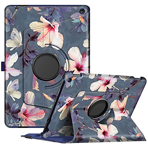 Fintie Case for All-New Amazon Fire HD 10 & Fire HD 10 Plus Tablet (Only Compatible with 11th Generation 2021 Release) - 360 Degree Rotating Swivel Stand Cover Dual Auto Sleep/Wake, Blooming Hibiscus