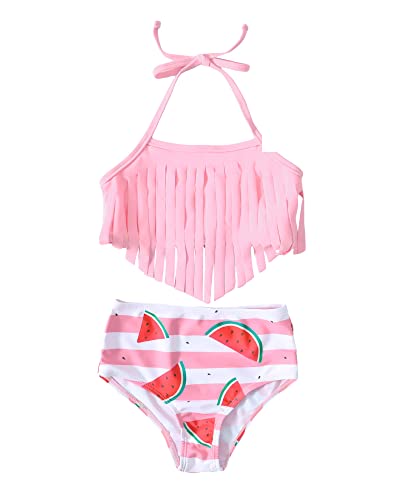 4T Toddler Girl Swimsuit Little Kids Triangle Bikini Tassel Halter Tankini Top 2pc Watermelon Bathing Suit 4T 5T Swimsuit for Girls Light Pink