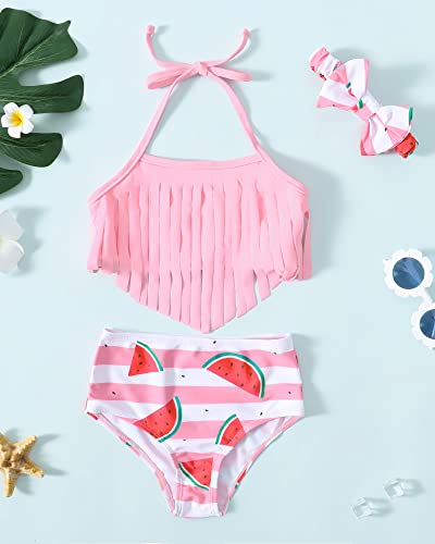 4T Toddler Girl Swimsuit Little Kids Triangle Bikini Tassel Halter Tankini Top 2pc Watermelon Bathing Suit 4T 5T Swimsuit for Girls Light Pink