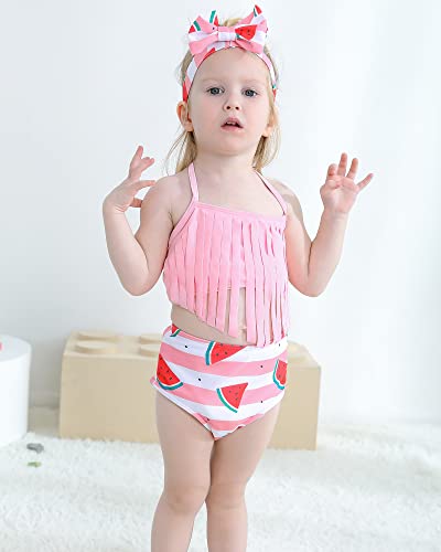 4T Toddler Girl Swimsuit Little Kids Triangle Bikini Tassel Halter Tankini Top 2pc Watermelon Bathing Suit 4T 5T Swimsuit for Girls Light Pink