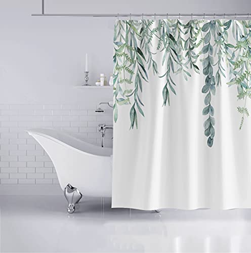 Muuyi Shower Curtain for Bathroom with 12 Hooks, 3D Printing Washable Waterproof Cloth Plant Leaf Fabric, 72 x 72 Inches (Willow), Green