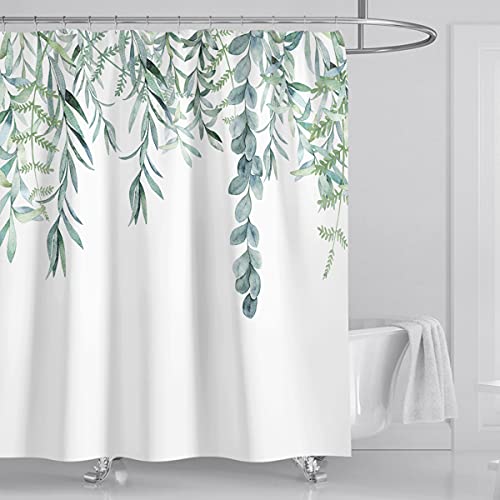 Muuyi Shower Curtain for Bathroom with 12 Hooks, 3D Printing Washable Waterproof Cloth Plant Leaf Fabric, 72 x 72 Inches (Willow), Green