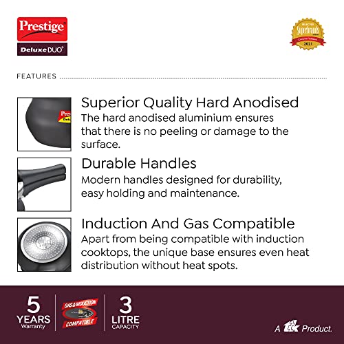 Prestige Deluxe Duo Plus Hard Anodised Handi Pressure Cooker With Stainless Steel Lid 3.0 Liters and Glass lid, medium (20144)