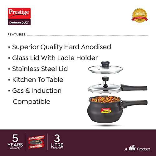 Prestige Deluxe Duo Plus Hard Anodised Handi Pressure Cooker With Stainless Steel Lid 3.0 Liters and Glass lid, medium (20144)