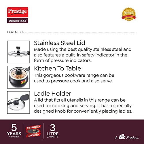 Prestige Deluxe Duo Plus Hard Anodised Handi Pressure Cooker With Stainless Steel Lid 3.0 Liters and Glass lid, medium (20144)