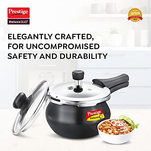 Prestige Deluxe Duo Plus Hard Anodised Handi Pressure Cooker With Stainless Steel Lid 3.0 Liters and Glass lid, medium (20144)