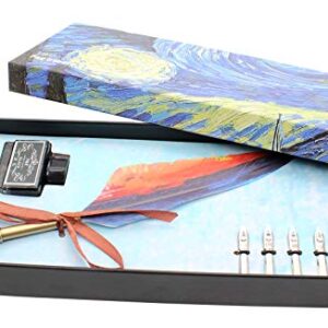 Ranvi Feather Quill Pen Set, Antique Calligraphy Pen Set (with 5 Replacement Nibs), 1 Ink and 1 Gift Box(Starry Sky)