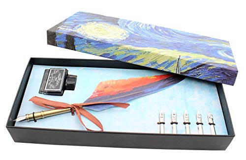 Ranvi Feather Quill Pen Set, Antique Calligraphy Pen Set (with 5 Replacement Nibs), 1 Ink and 1 Gift Box(Starry Sky)