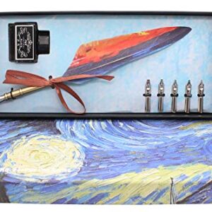 Ranvi Feather Quill Pen Set, Antique Calligraphy Pen Set (with 5 Replacement Nibs), 1 Ink and 1 Gift Box(Starry Sky)